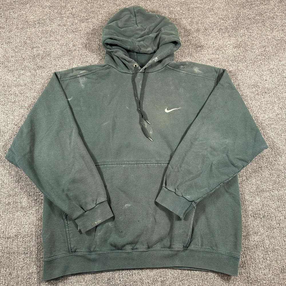 VTG Distressed Nike Hoodie Mens Small Green Fleece Pullover Sweatshirt‎ Swoosh